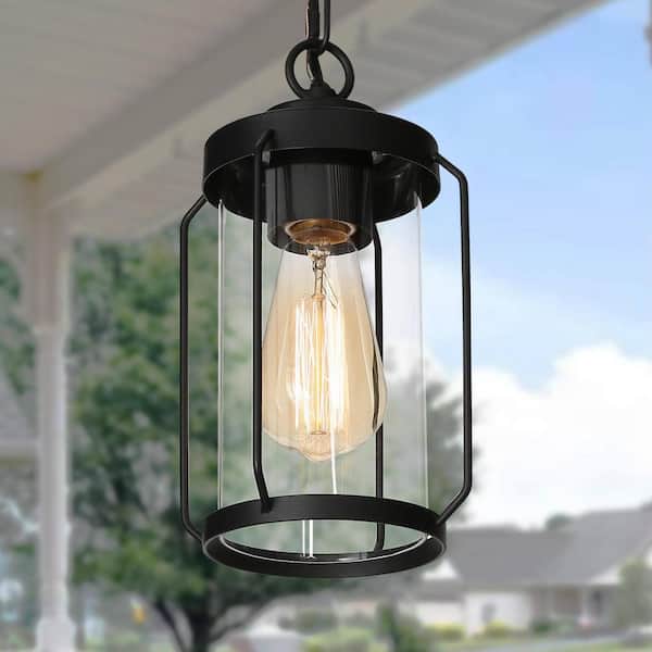 Uolfin Modern Black Outdoor Hanging Light, Spera 1-Light Lantern Cage Garage Outdoor Ceiling Lights with Clear Shade