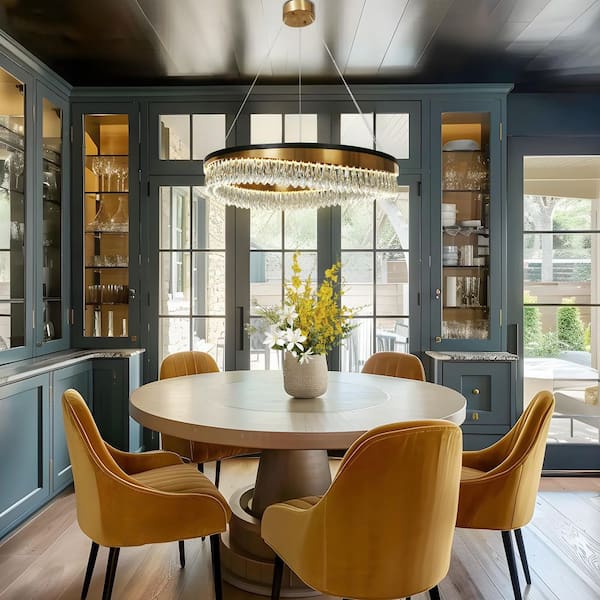 Delphinium 1-Light Dimmable Integrated LED Matte Black and Plating Brass Crystal Wagon Wheel Chandelier for Living Room