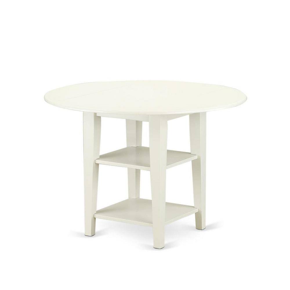 Linen White Round Dining Table Set with Navy Blue Faux Leather Chairs