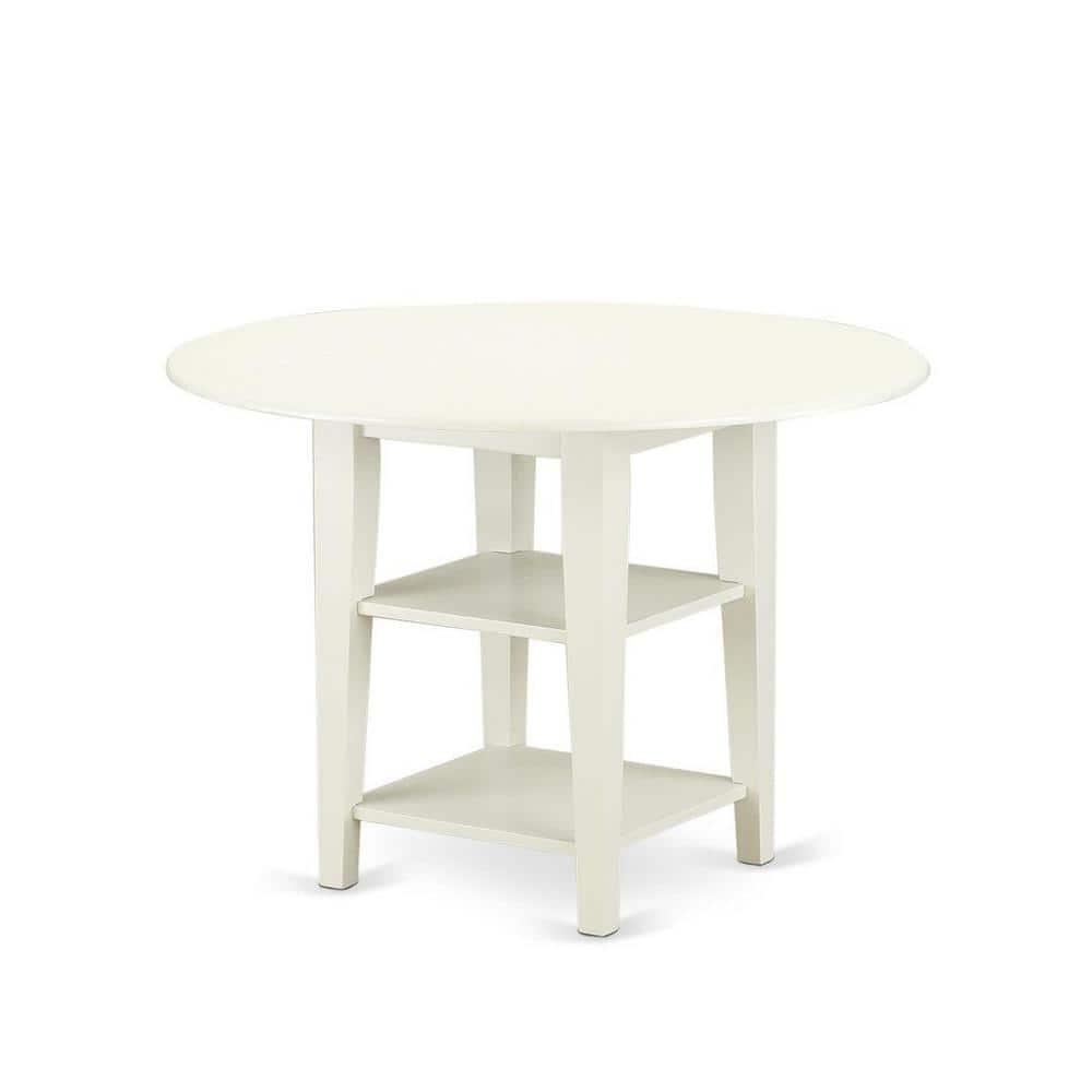 Linen White Round Dining Table Set with Navy Blue Faux Leather Chairs