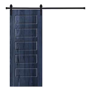 5-Panel Riverside Designed 80 in. x 32 in. Wood Panel Royal Navy Painted Sliding Barn Door with Hardware Kit