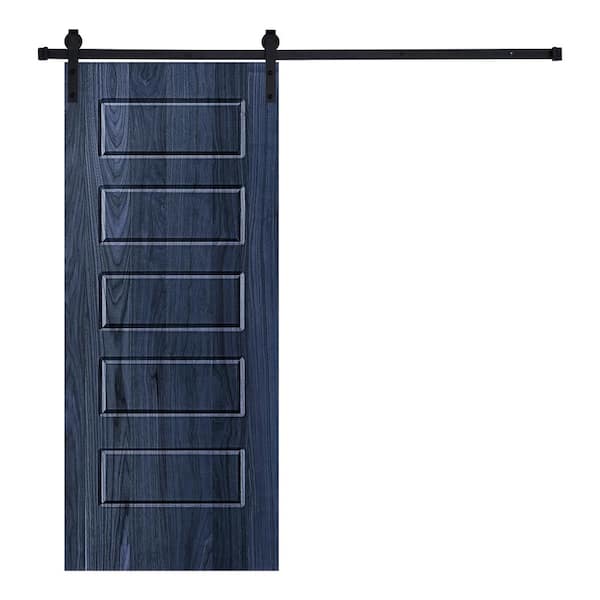 5-Panel Riverside Designed 96 in. x 32 in. Wood Panel Royal Navy Painted Sliding Barn Door with Hardware Kit