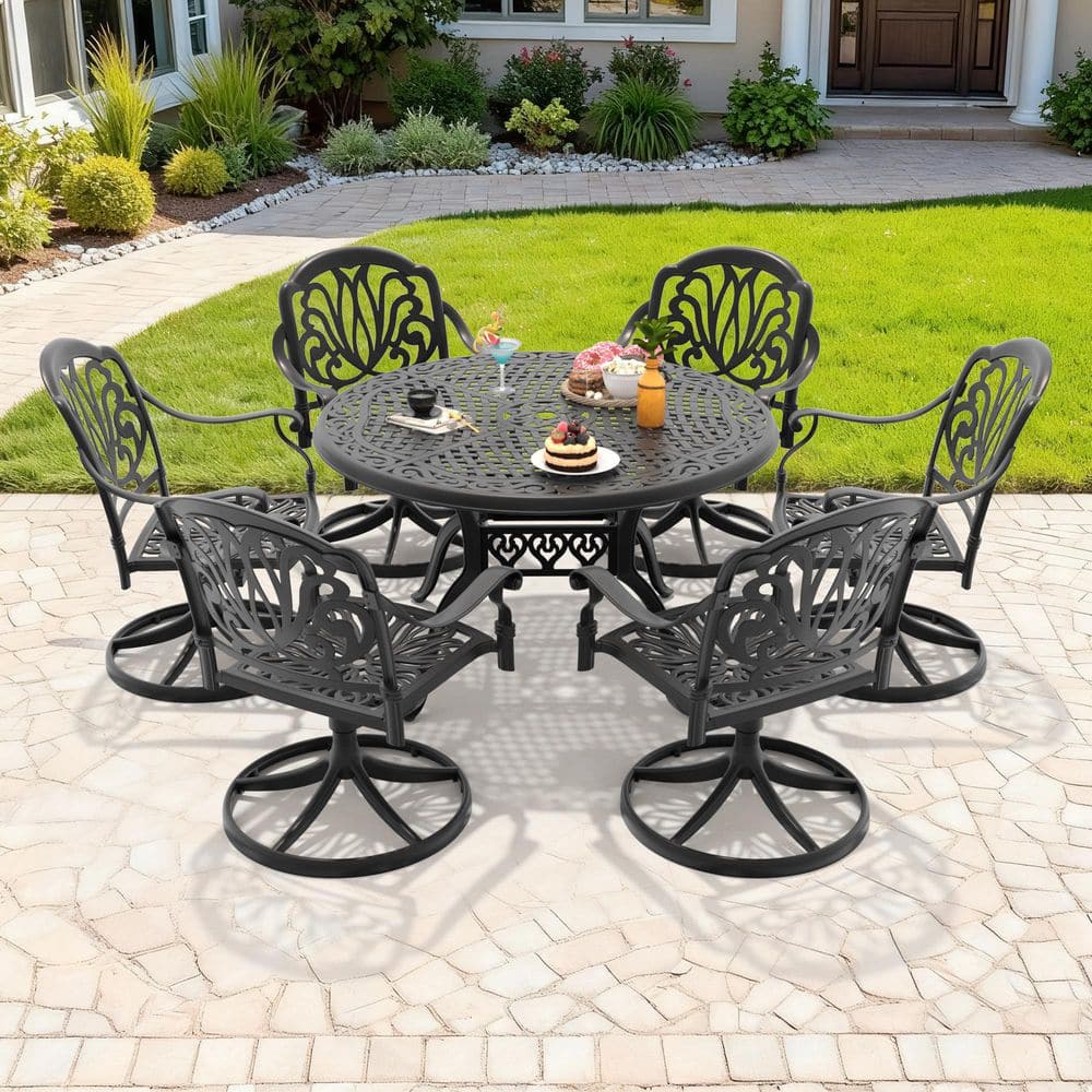 Black 7-Piece Cast Aluminum Patio Outdoor Dining Set with 6 Swivel Rockers with Brown Cushions and 48.03 in. Round Table price history on PriceWatchPro