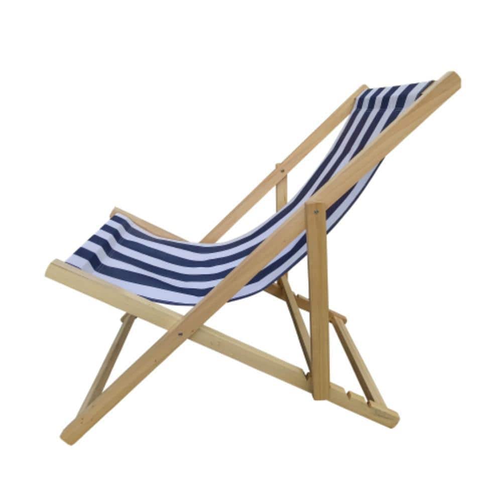 Foldable Populus Wood Outdoor Blue Stripe Sling Beach Lounge Chair