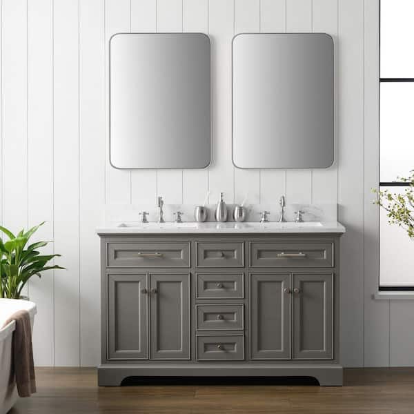 SUDIO Thompson 54 in. W x 22 in. D Bath Vanity in Gray with Engineered Stone Vanity Top in Carrara White with White Sinks