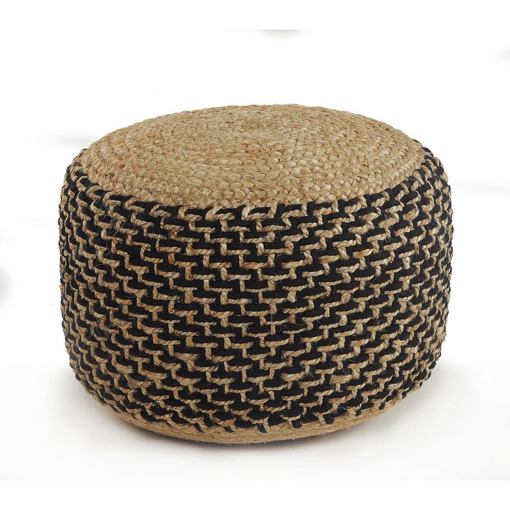 Cora Black Geometric Hand-Woven Organic Jute Blend Ottoman Pouf