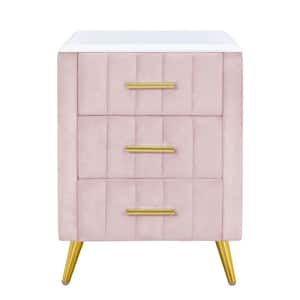 Pink Wood Metal Outdoor Side Table with 3 Drawers, Upholstered Wooden Nightstand, Handles Marbling Worktop