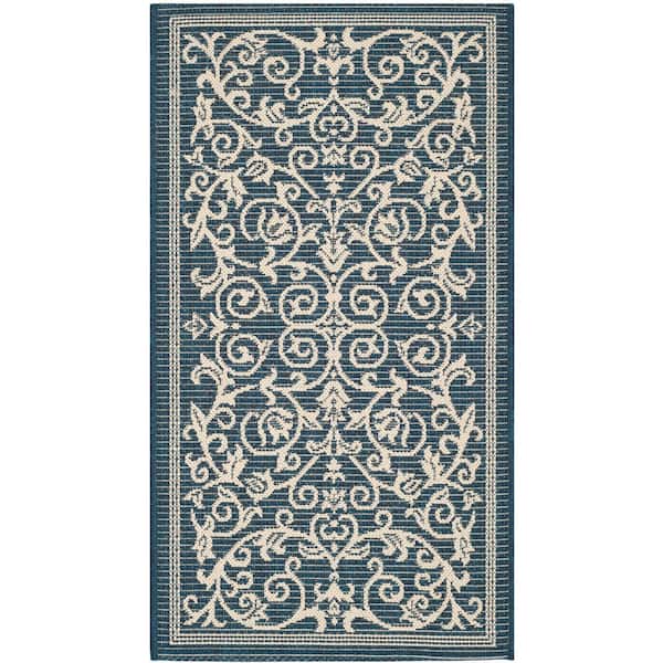 SAFAVIEH Courtyard Navy/Beige Doormat 2 ft. x 4 ft. Border Indoor/Outdoor Patio Area Rug