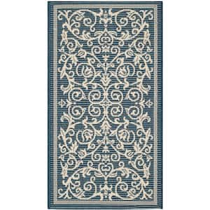 Courtyard Navy/Beige 3 ft. x 5 ft. Border Indoor/Outdoor Patio  Area Rug