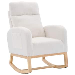 White Teddy Fabric Upholstered Rocking Chair with Solid Wood Legs Nursery Glider Rocker Comfy Armchair with Side Pocket
