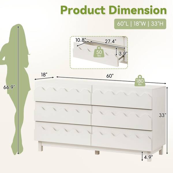 ivory dresser cheap Modern 6-Drawer 60 in. Wide Chest of Drawers with Wave Front Design, Clothes Storage Organizer Brand_United Furniture Import&Export