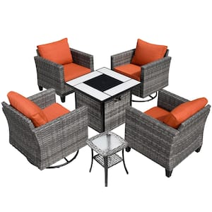 New Vultros Gray 5-Piece Wicker Patio Fire Pit Conversation Set with Orange Red Cushions and Swivel Rocking Chairs