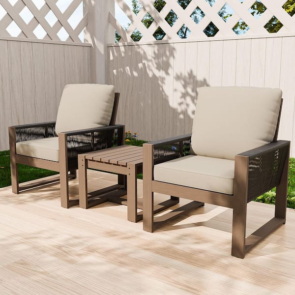 EAGLE PEAK 3-Pieces Cedar Wood Wicker Outdoor Patio Conversation Set with Beige Cushions, Slat Top Square Coffee Table