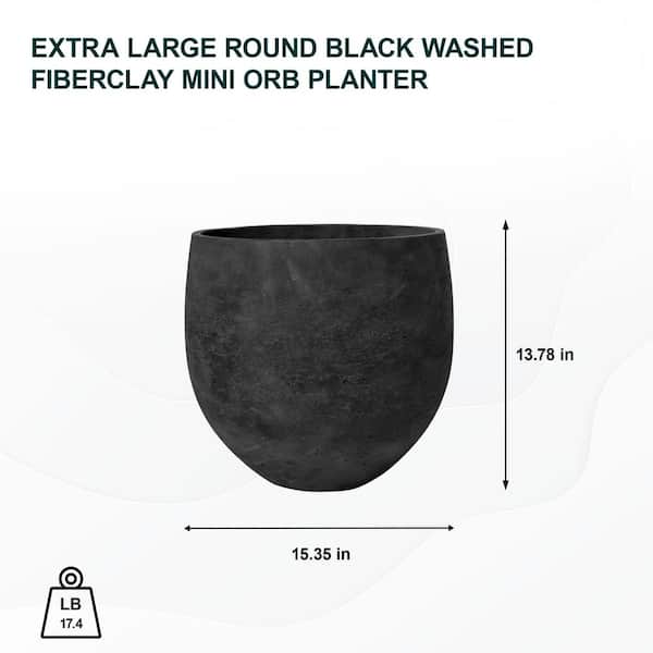 15.35 in. W x 13.78 in. H Extra Large Round Black Washed Fiberclay Indoor Outdoor Mini Orb Planter