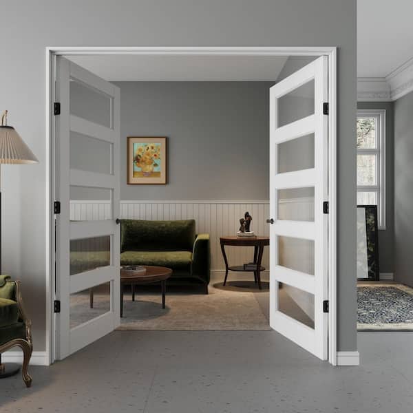 72 in. x 80 in. Universal 5-Lite Clear Glass White Solid Core Wood Double Prehung French Door with Quick Assemble Jamb