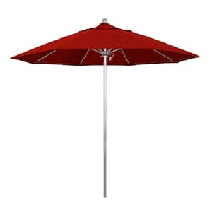 9 ft. Silver Aluminum Commercial Market Patio Umbrella with Fiberglass Ribs and Push Lift in Jockey Red Sunbrella