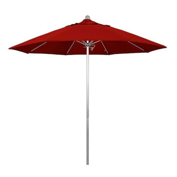 9 ft. Silver Aluminum Commercial Market Patio Umbrella with Fiberglass Ribs and Push Lift in Jockey Red Sunbrella