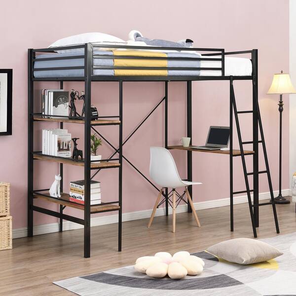 Eer Black Twin Metal Loft Bed With Shelves And Desk Sm001102aab The Home Depot Eer Black Twin Metal Loft Bed With, Metal Bunk Bed With Desk Under