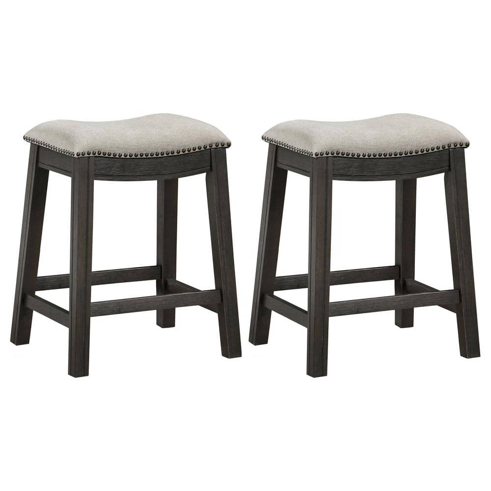 Elliston Gray and Beige Wood Backless Saddle Counter Stool