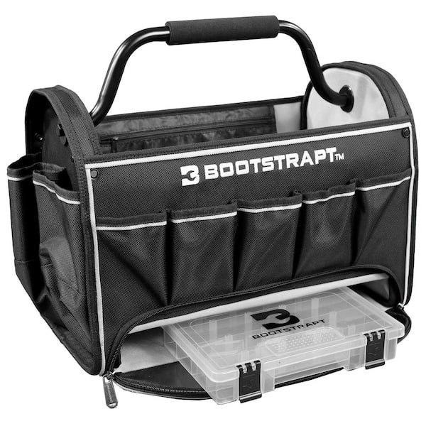 BOOTSTRAPT 18 in. Contractor's Tote Bag with Integrated Parts Bin Compartment and Waterproof Rain Cover, Black