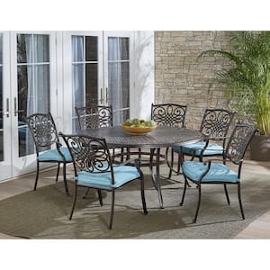 Traditions 7-Piece Aluminum Outdoor Dining Set with Blue Cushions and Cast-Top Table