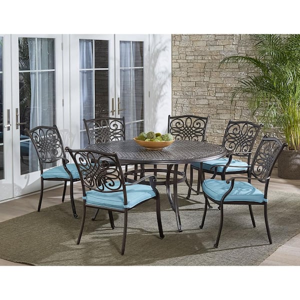 Hanover Traditions 7-Piece Aluminum Outdoor Dining Set with Blue Cushions and Cast-Top Table