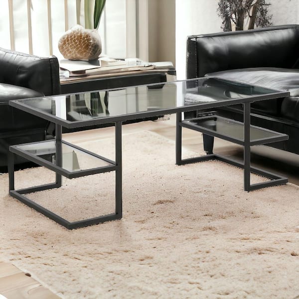 HomeRoots 47 in. Black Rectangle Glass Coffee Table with Shelves;Storage