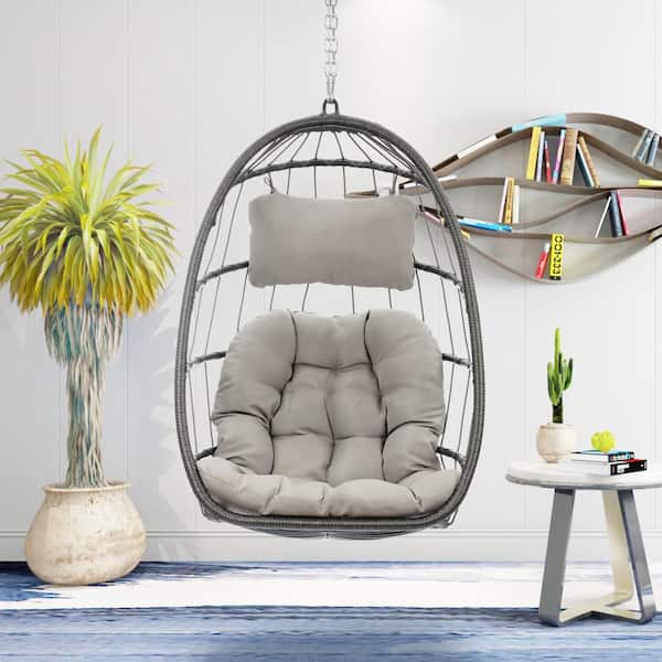 Runesay Outdoor Wicker Porch Swings With Gray Cushions Swing Chair Hammock Hanging Chair with Aluminum Frame Without Stand