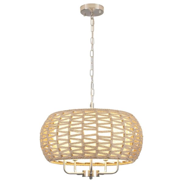 LWYTJO 5-Light Nickel Drum Chandelier with Twine Shade, Height Adjustable Chandelier for Dining Room