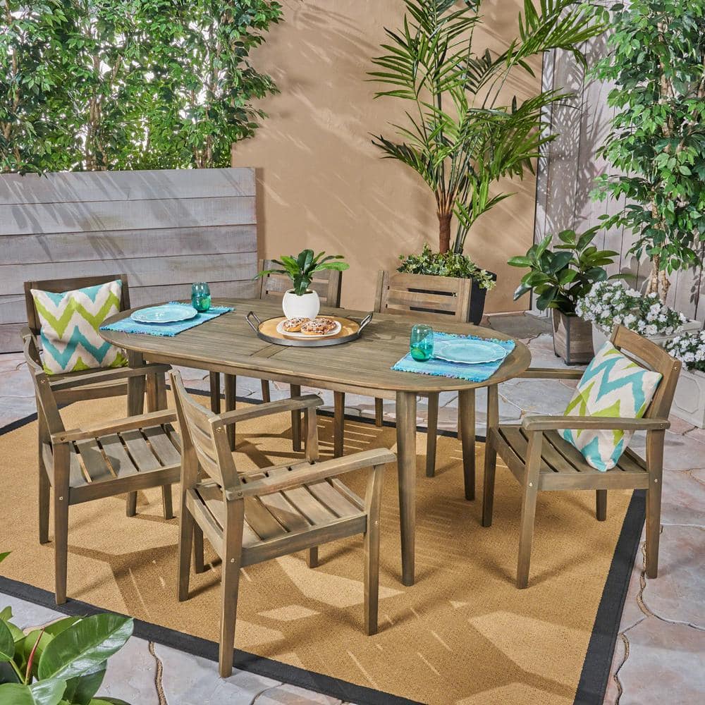 Noble House Stamford Grey 7-piece Wood Oval Outdoor Dining Set 53679 