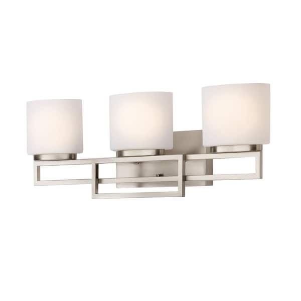 Home Decorators Collection Tustna 3 Light Brushed Nickel Bathroom Vanity With Opal Glass Shades 20366 001 The Depot - Home Decorators 3 Light Vanity Fixture