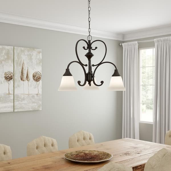 Hampton Bay Somerset 3-Light Bronze Chandelier with Bell Shaped Frosted Glass Shades