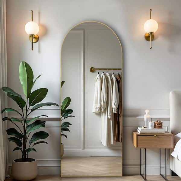 Gold 20 in. W x 63 in. H Arched Metal Thin Frame Full Length Mirror, Floor and Wall Mounted Dressing Mirror for Bedroom