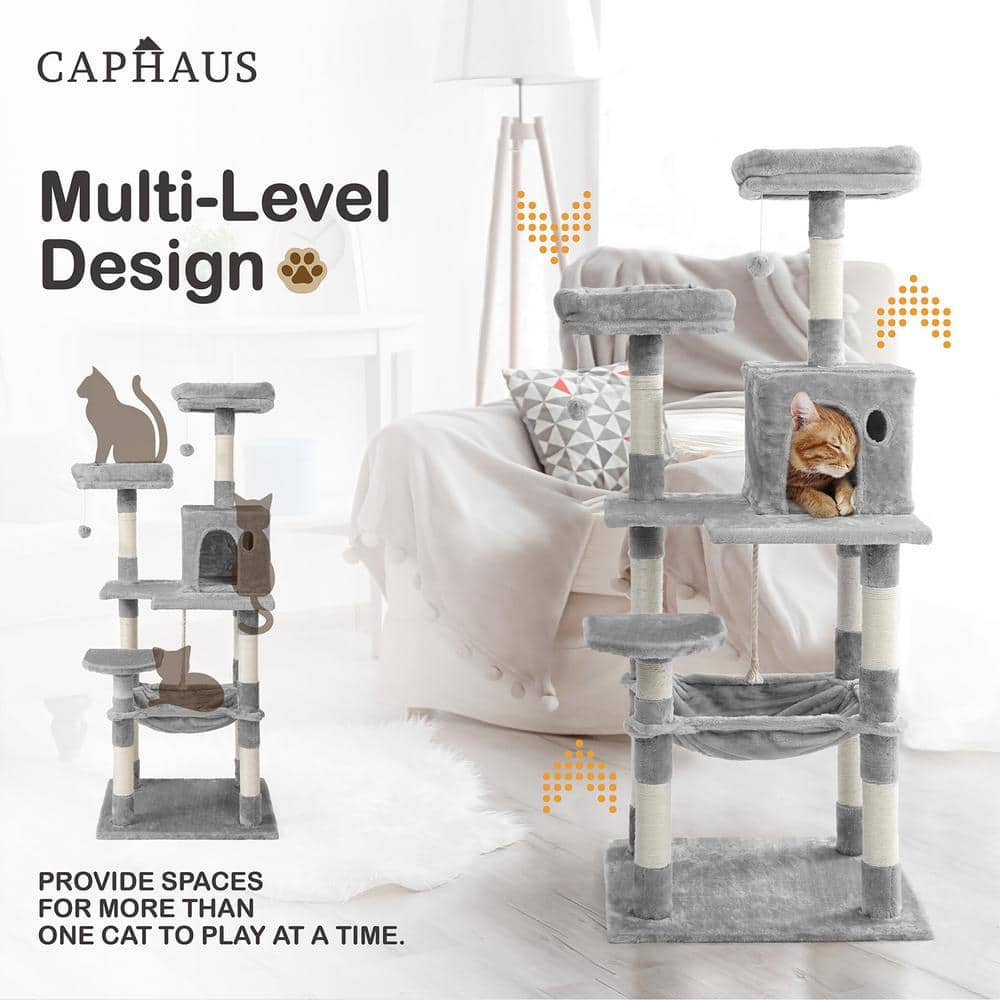 Smoky Grey 58-Inch Multi-Level Cat Tree with Hammock and Scratching Posts