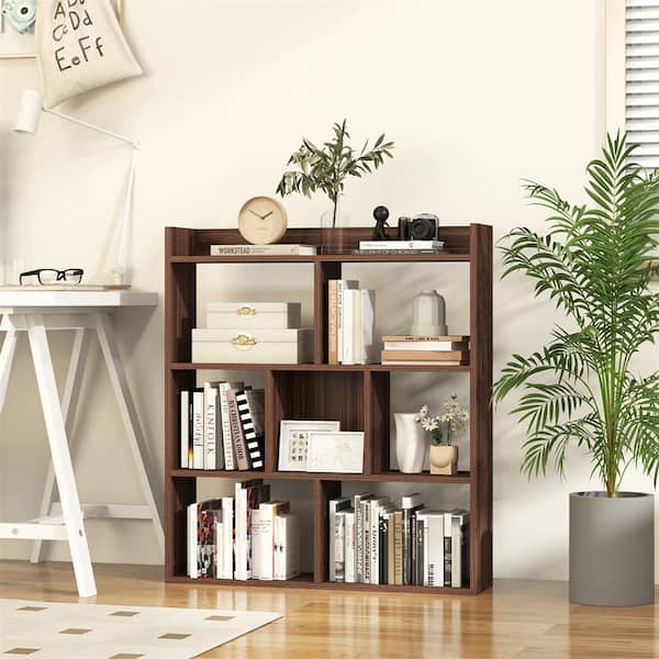 HONEY JOY 35.5 in. Tall Walnut Wood 7-Shelf Open-back Free