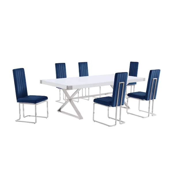 Miguel 7-Piece Rectangle White Wood Top Silver Stainless Steel Dining Set with 6 Navy Blue Velvet Chairs