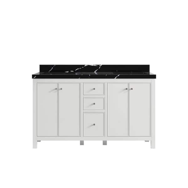 Willow Collections Chicago 60 in. Double Sink Freestanding White Bath Vanity with Calacatta Black Qt. Top Unassembled