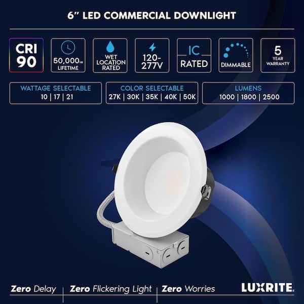 6 in. Integrated LED Recessed Light J-Box Commercial 5CCT 10/17/21W Dimmable 1000/1800/2500LM 120-277V Wet Rated