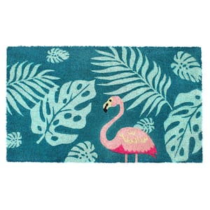 Pink 18 in. x 30 in. Palm Leaves Flamingo Coir Doormat