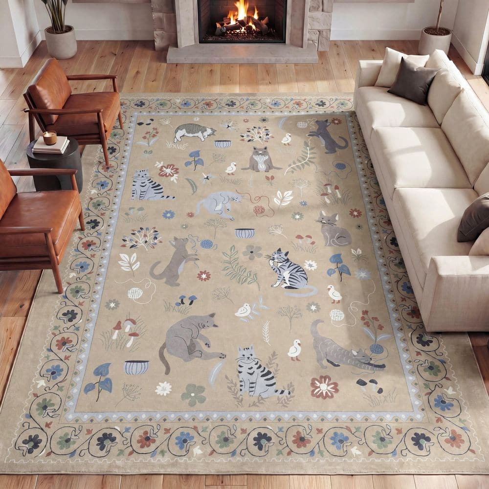 Catmosphere Festive Feline Floral Border Non-Slip Machine-Washable Tan 4 ft. x 6 ft. Area Rug price history on PriceWatchPro