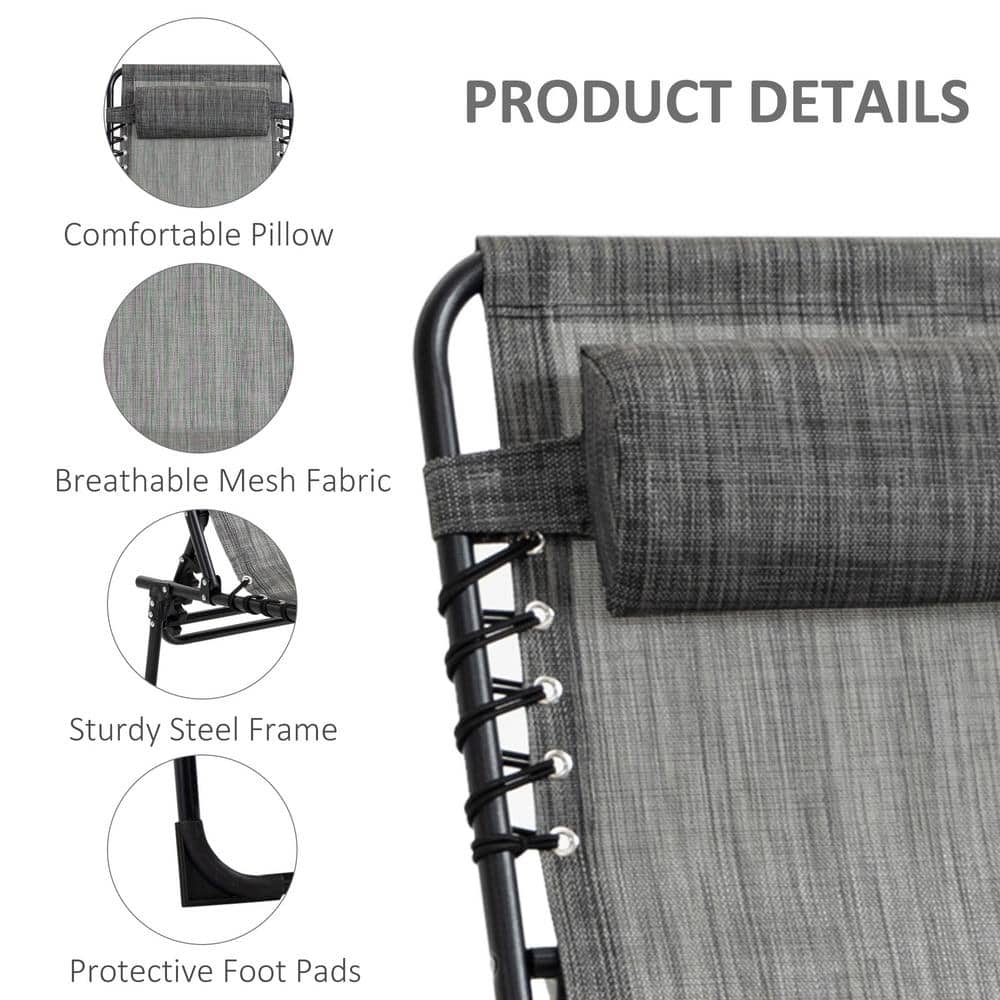 Gray Mesh Armless Folding Chaise Lounge Chair with Pillow