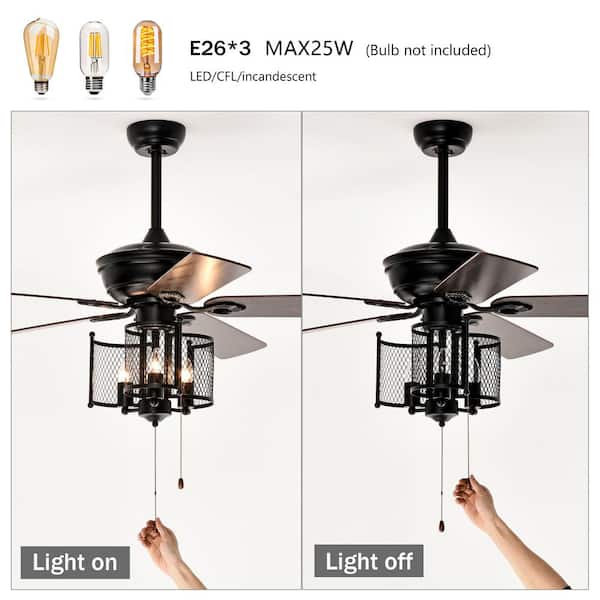 Sunpez 52 in. W Indoor Matte Black Farmhouse Ceiling Fan with Light, No Bulb, Pull Chain