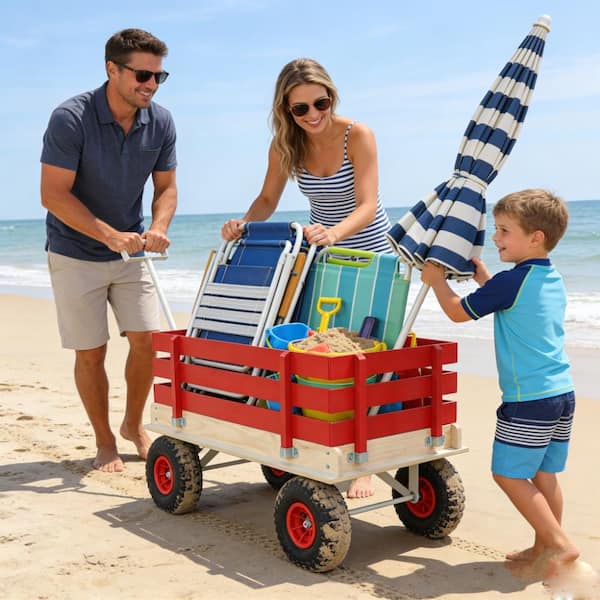 4 cu. ft. Red Metal Frame Wood Carriage Outdoor Garden Cart with