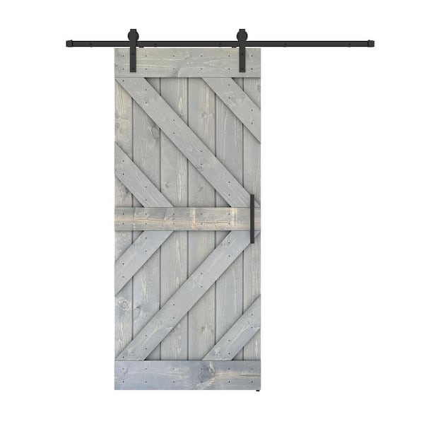 Dessliy Triple KR 42 in. x 84 in. Weather Grey Finished Pine Wood Sliding Barn Door with Hardware Kit (DIY)