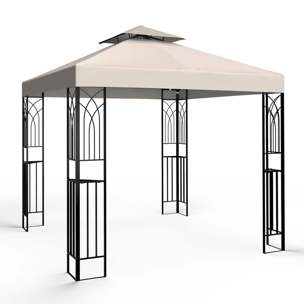 Beige Powder Coated Steel Patio Gazebo with Double Roof