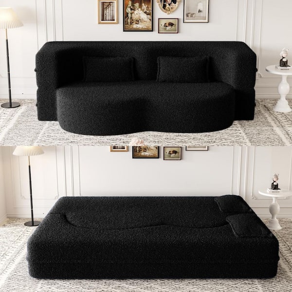 78 in. Square Arm Fabric Curved 3 in 1 Sofa w/ Pillow Foam-Filled Sleeper Sofa Bed,15 in. Full Folding Mattress in Black