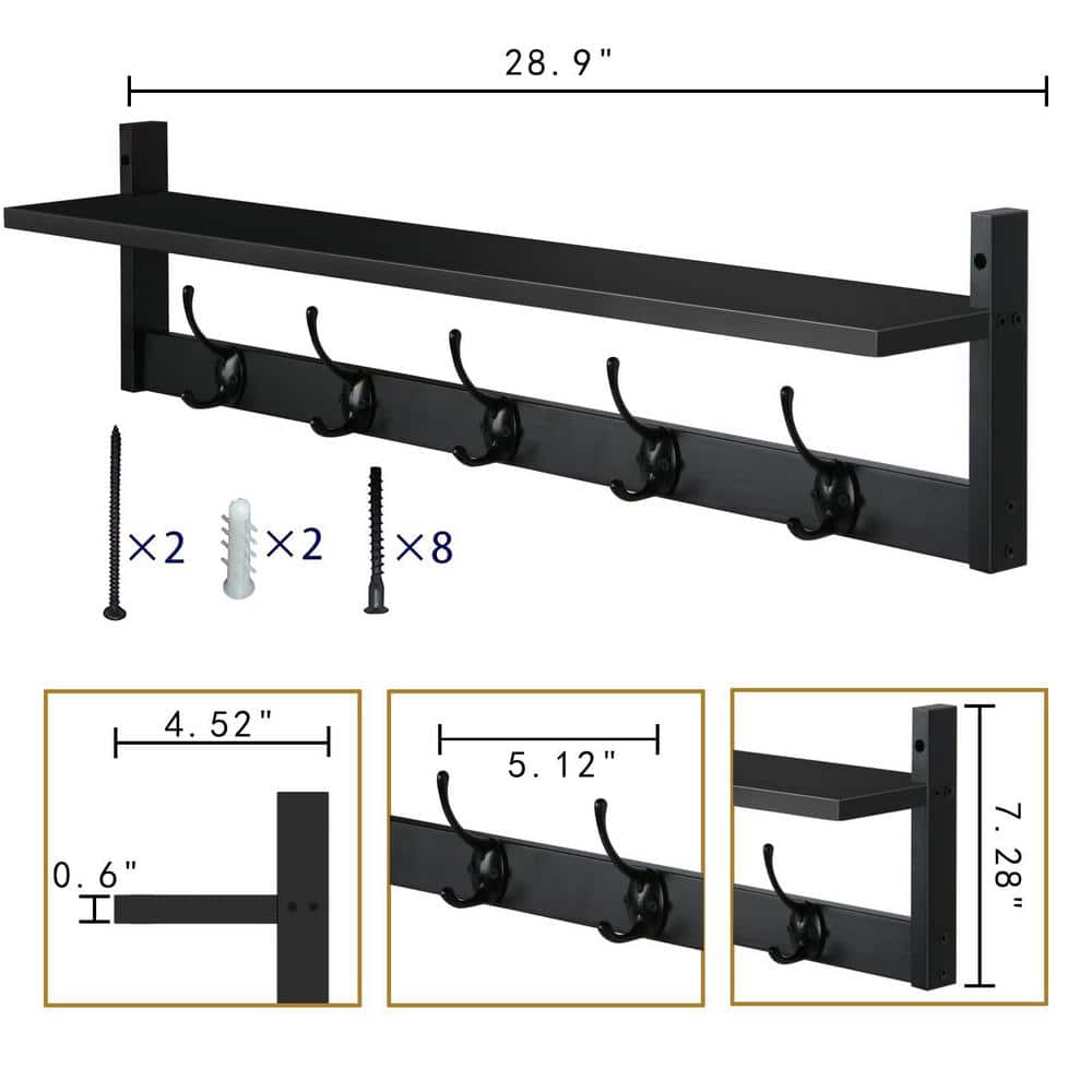 Black Wall-Mounted Shelf with 5 Dual Hooks