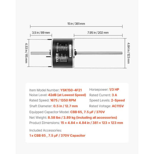 VEVOR 1/3HP RV Air Conditioner Motor with Capacitor AC115V 3A 1675 Rpm Replacement for Coleman Mach RV AC Fan Motor Replaces Fasco D1092 1468-306