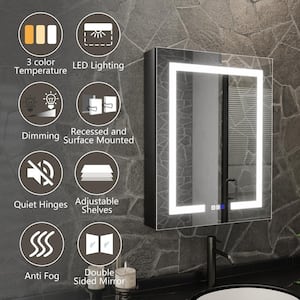 ShineX 24 in. W x 30 in. H Rectangular Black Aluminum Recessed/Surface Mount Left Medicine Cabinet with Mirror LED