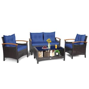 4-Pieces Wicker Outdoor Sectional Set Sofa Storage Table with Navy Cushions
